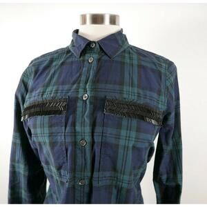 J Crew Womens Cotton 1/2 Button Down Green Navy Plaid Blouse Shirt Size 6